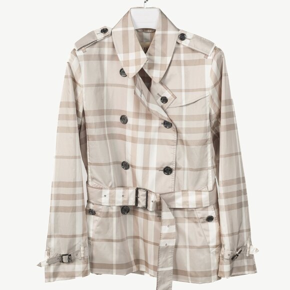 Burberry Brit Grey Check Taffeta Packable Belted Trench Coat - Picture 1 of 14